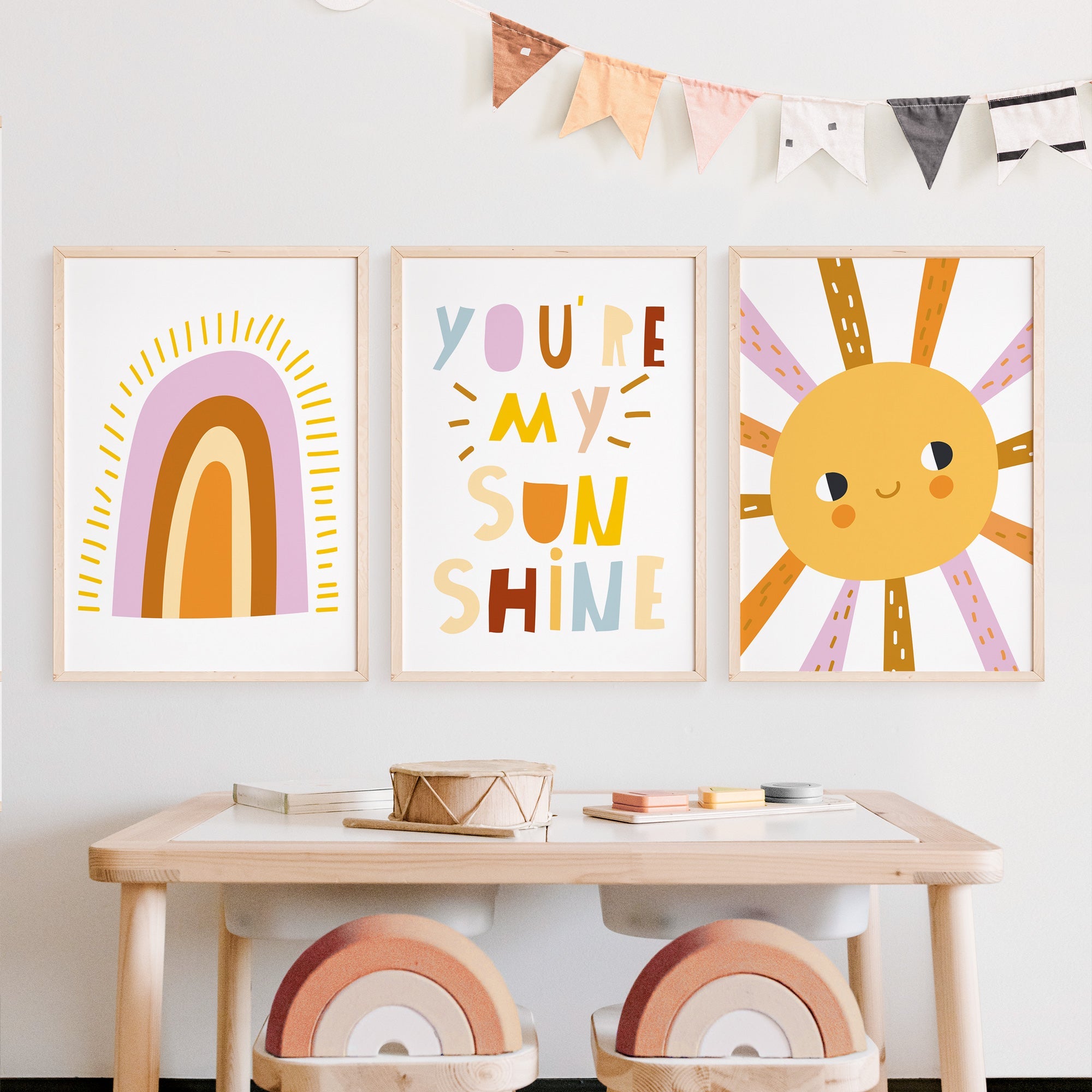 Sunburst, Rainbow You Are My Sunshine Nursery Wall Art Prints