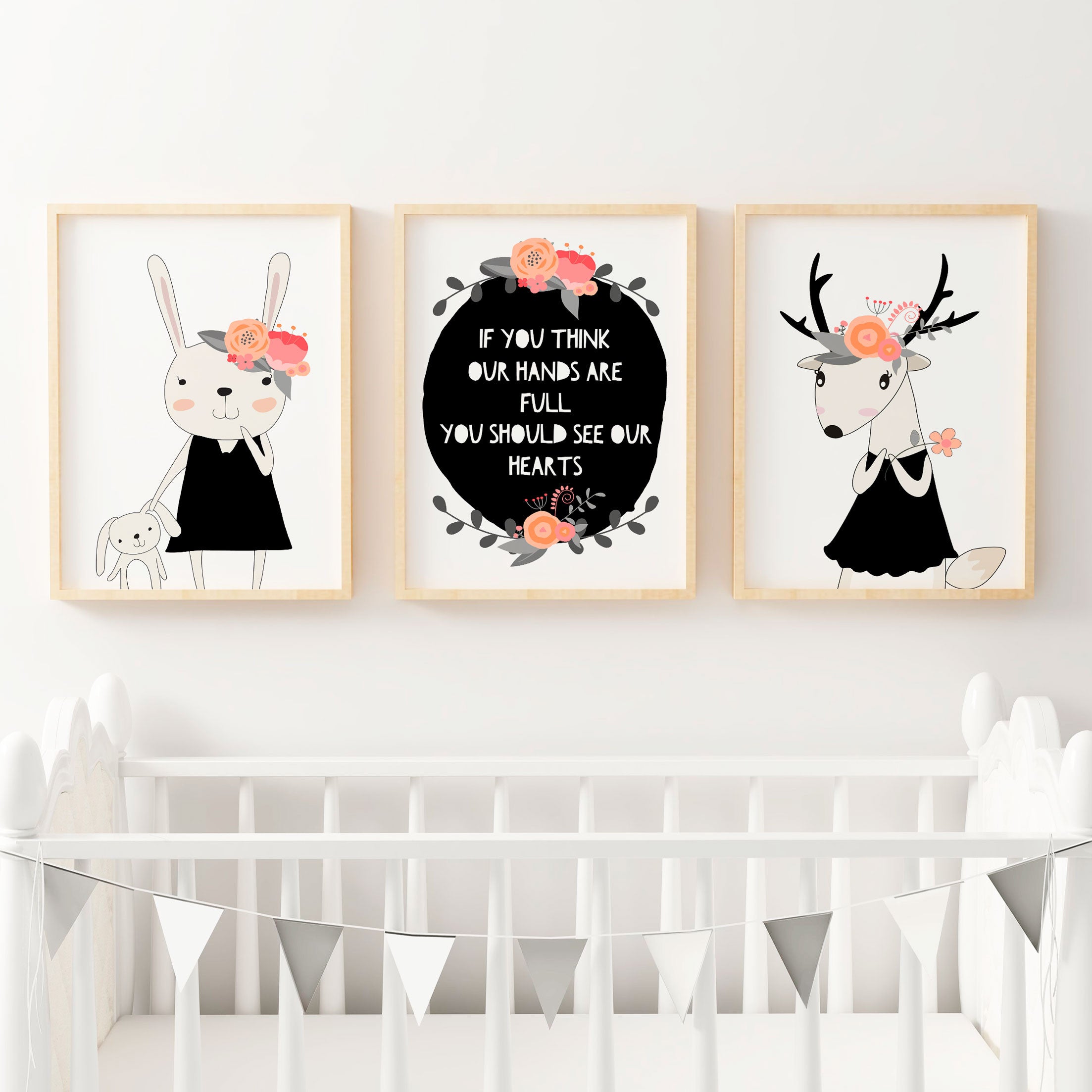 Baby, Girls Floral Woodland Nursery or Bedroom Wall Art Print Set