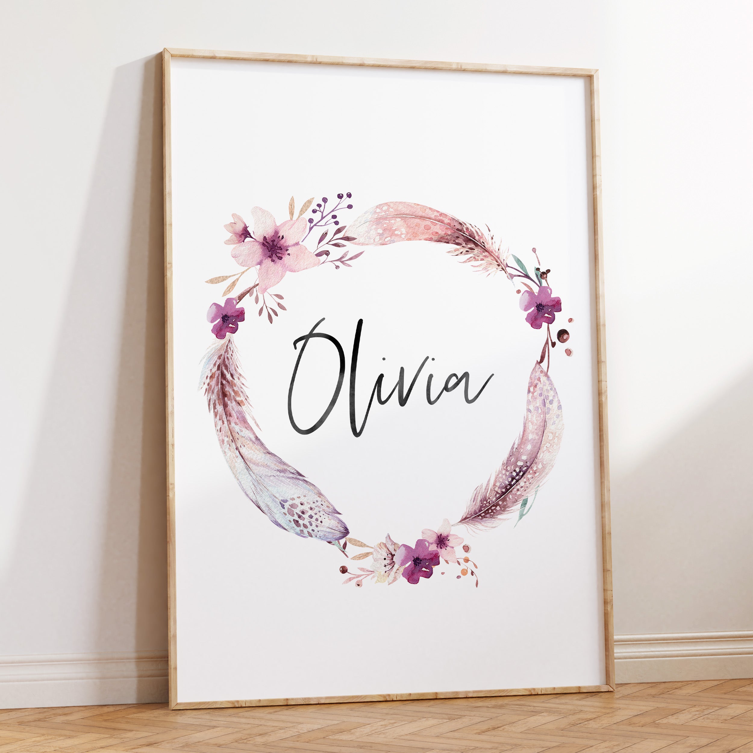 Boho Feather & Floral Wreath Name Print