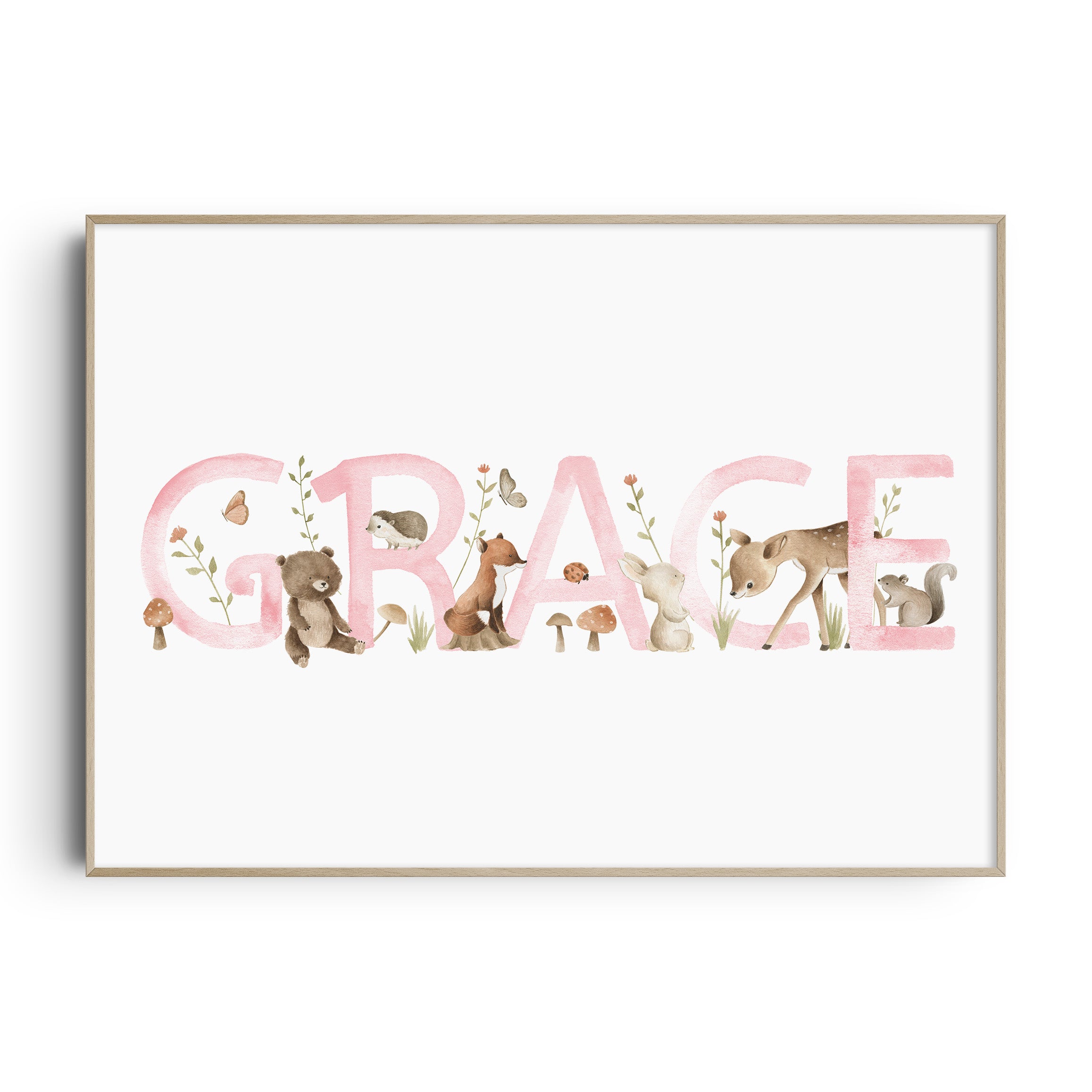 Girls Woodland Animal Nursery Wall Art Name Print