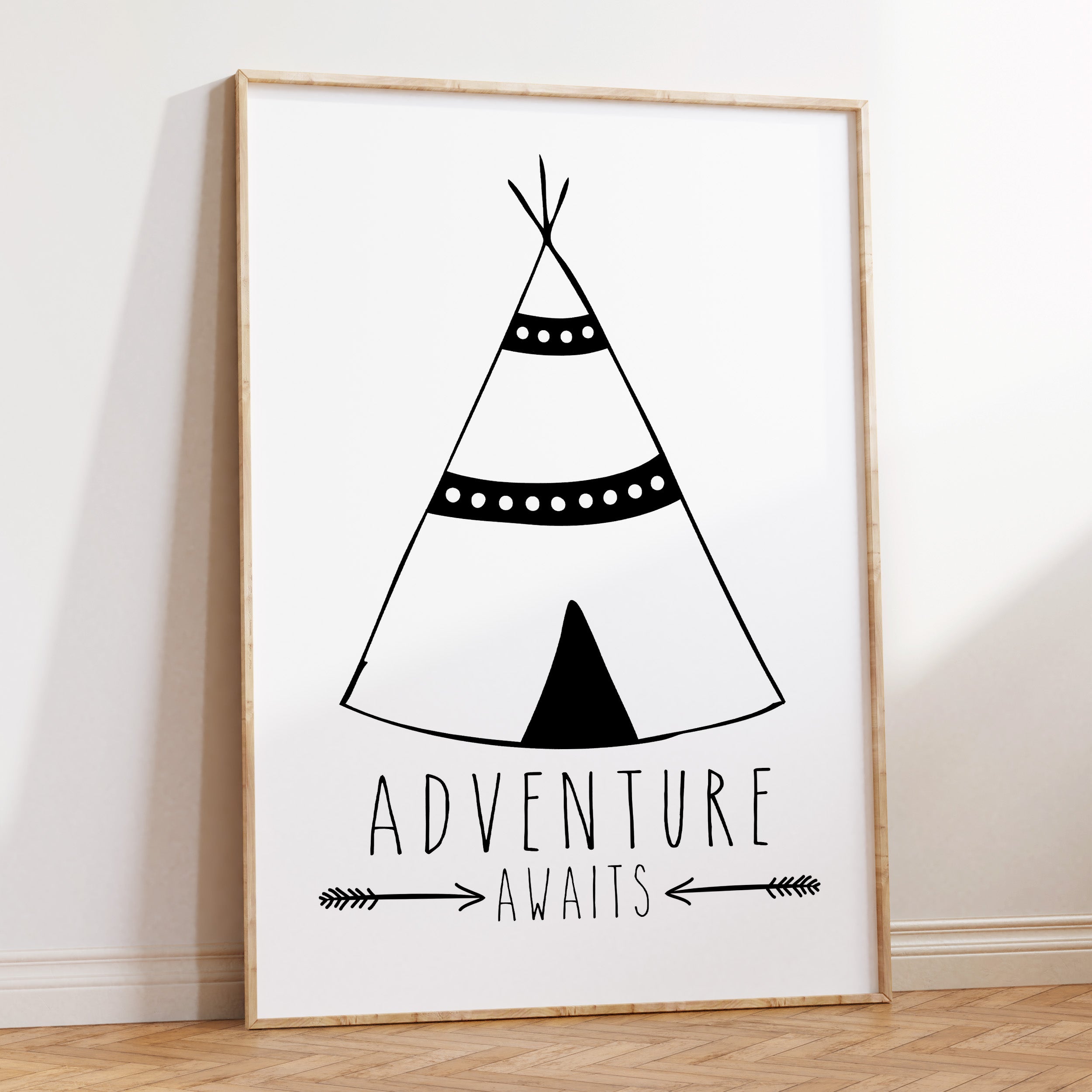 Monochrome Adventure Awaits Tribal Teepee Nursery or Bedroom Wall Art Print