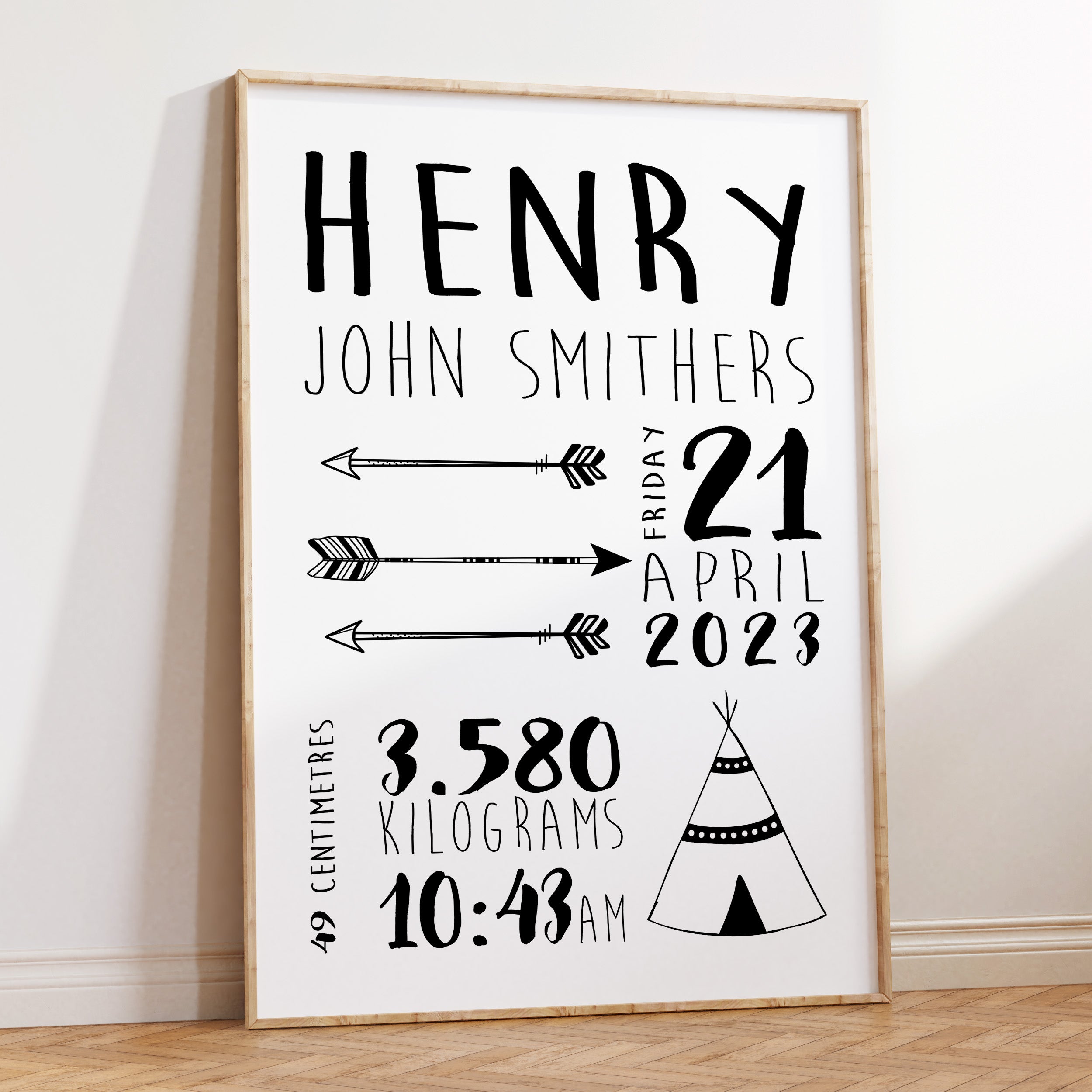Teepee and Arrows Birth Print