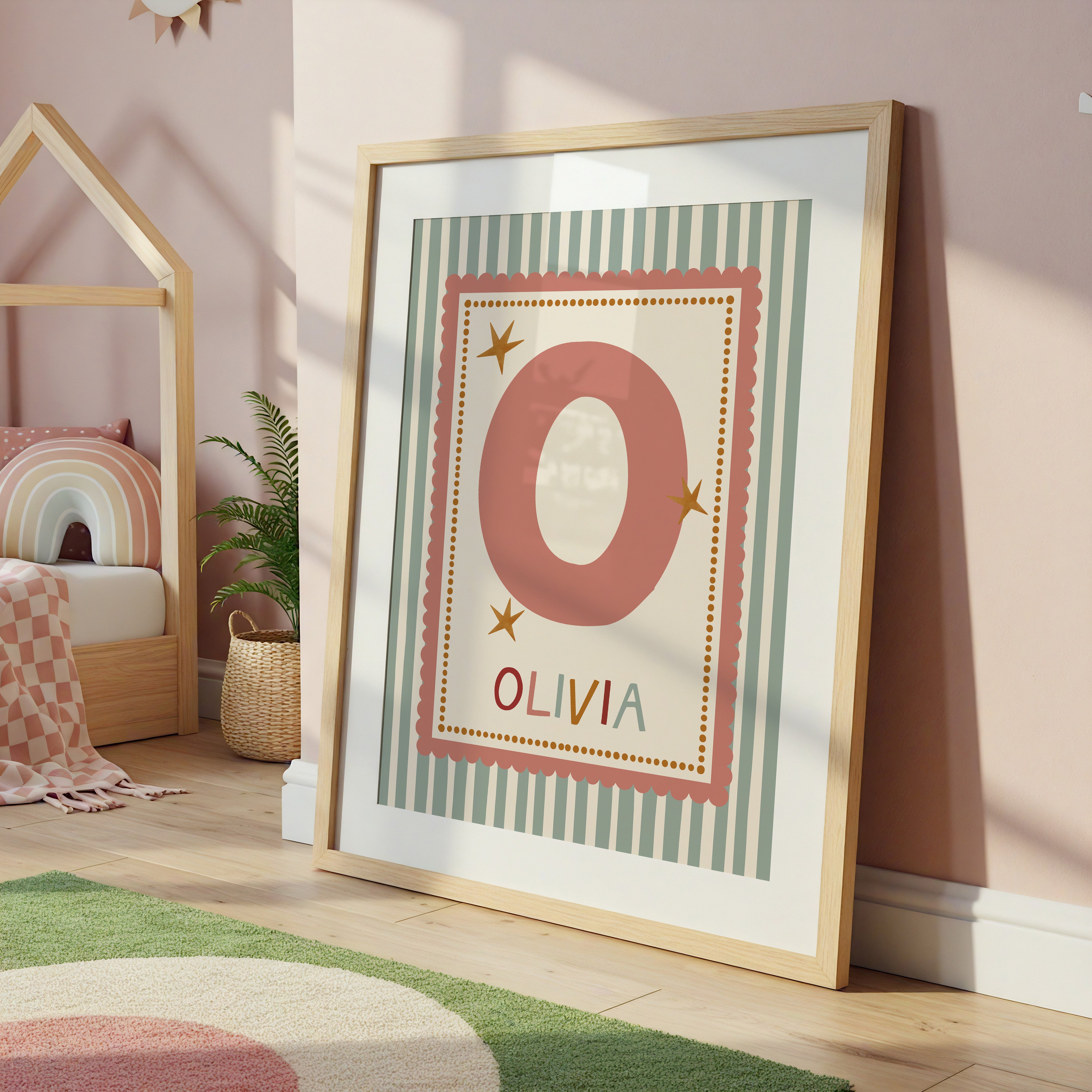 Pink Scallop Green Stripe Letter & Name Print