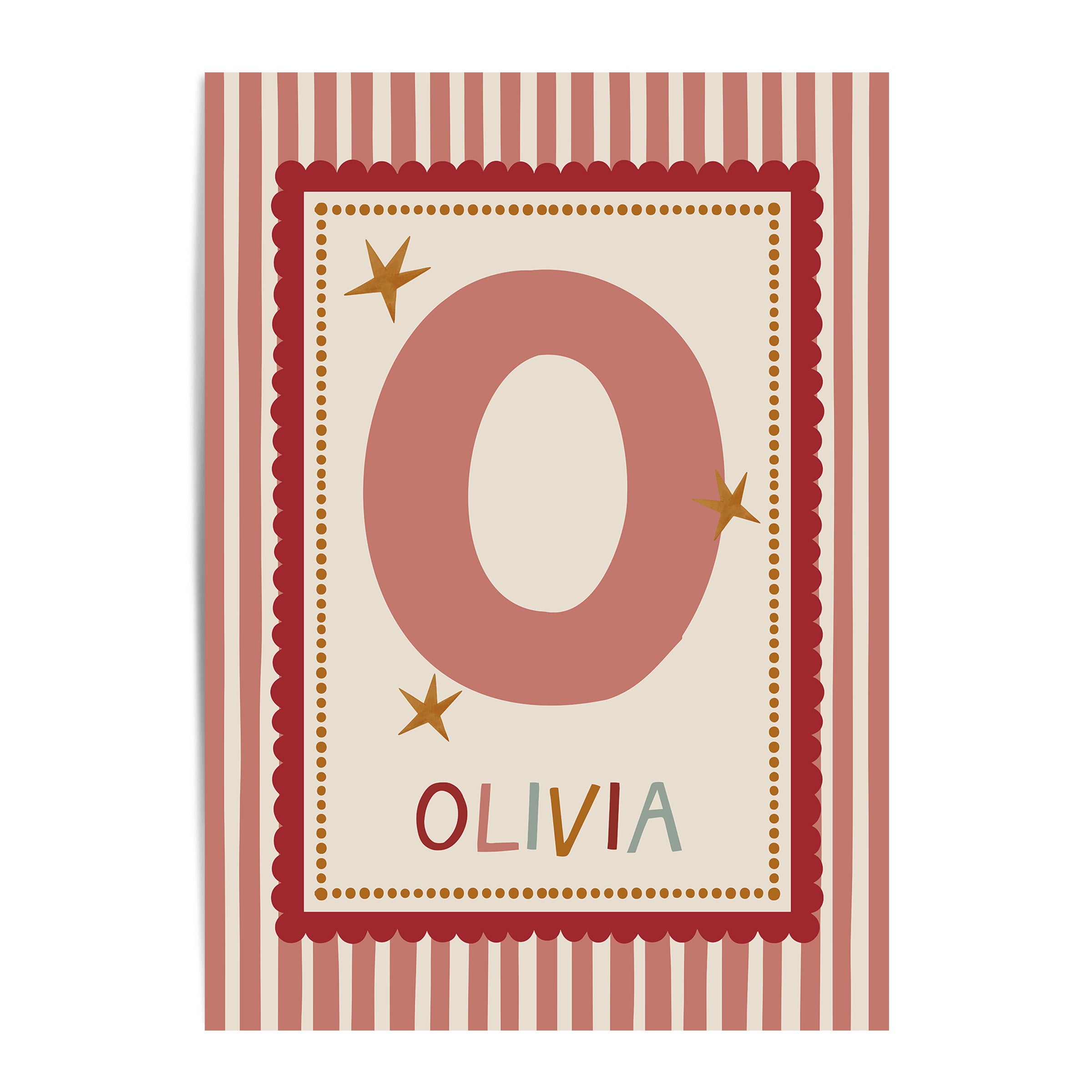 Red Scallop Pink Stripe Letter & Name Print