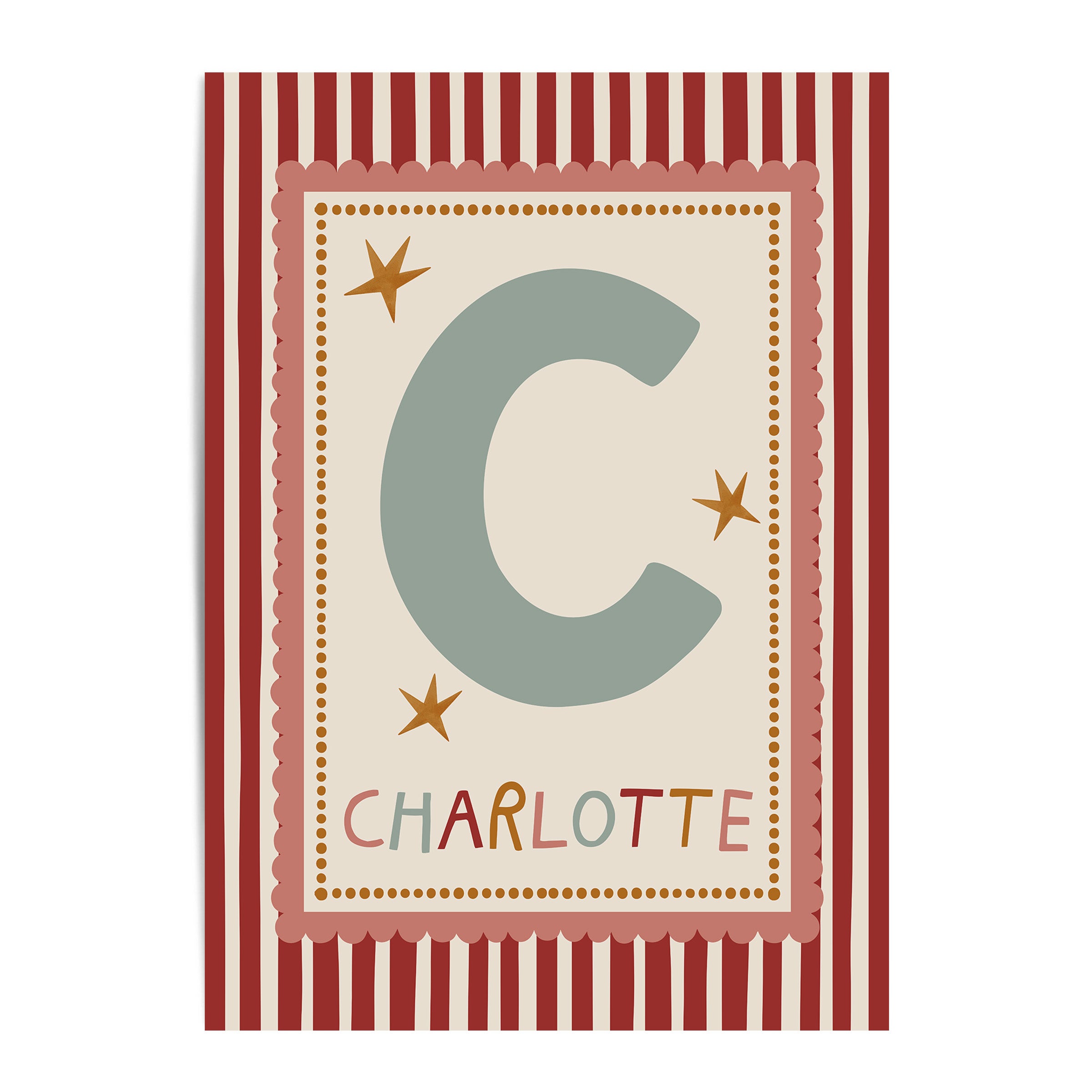 Pink Scallop red Stripe Letter & Name Print