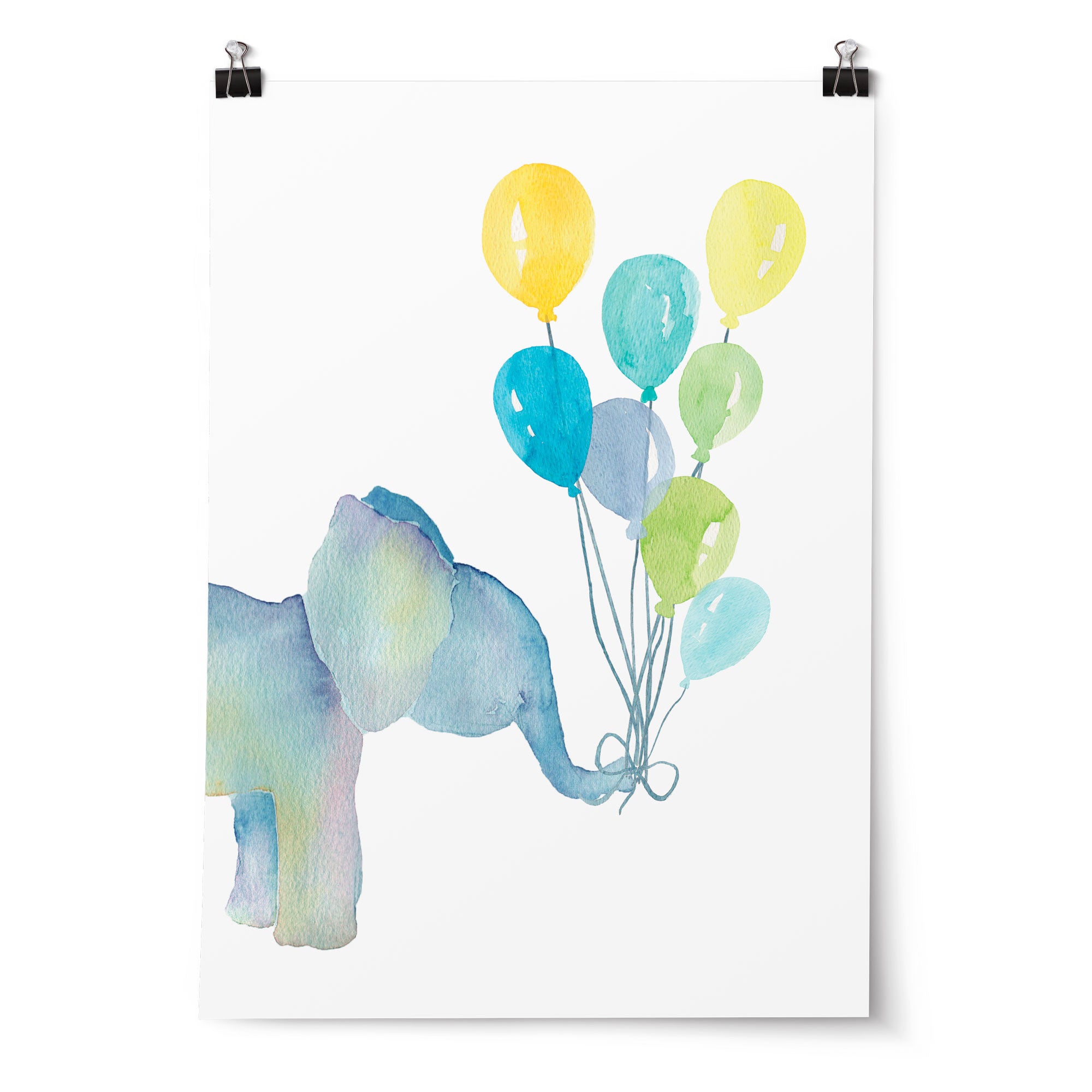 Watercolour Elephant with Balloons Print