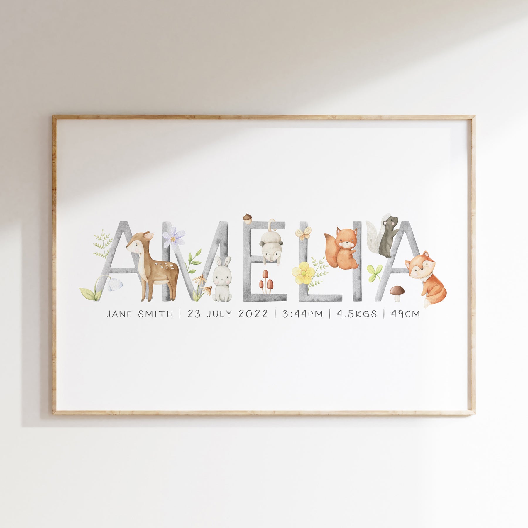 Woodland Animal Name Print Girls Personalised Nursery Wall Art