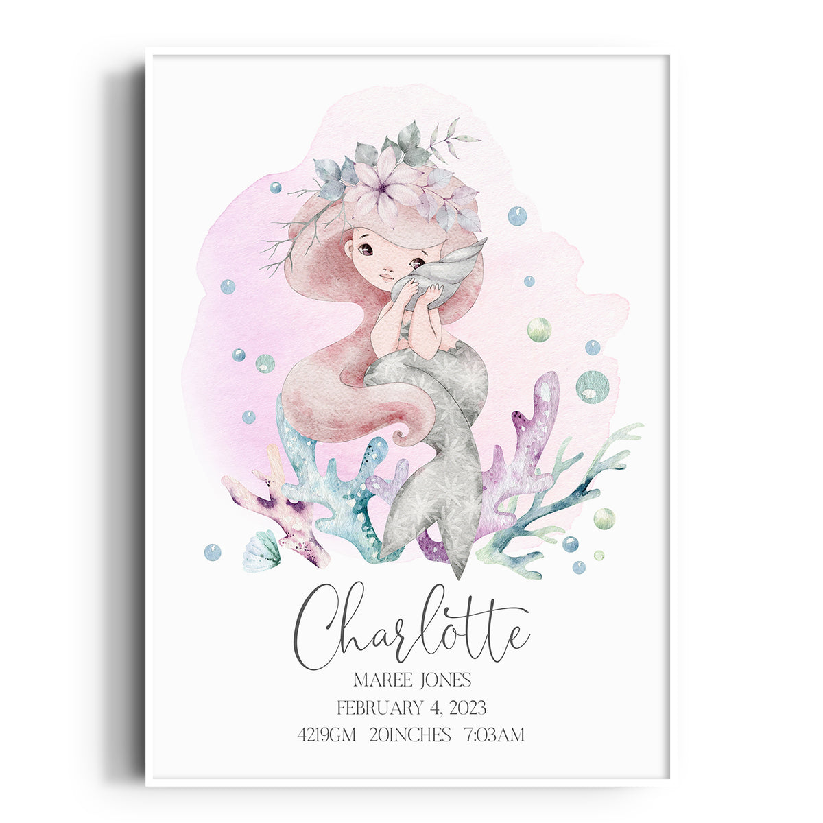 Mermaid Nursery Wall Art | Girls Birth Print | Under The Sea Nursery