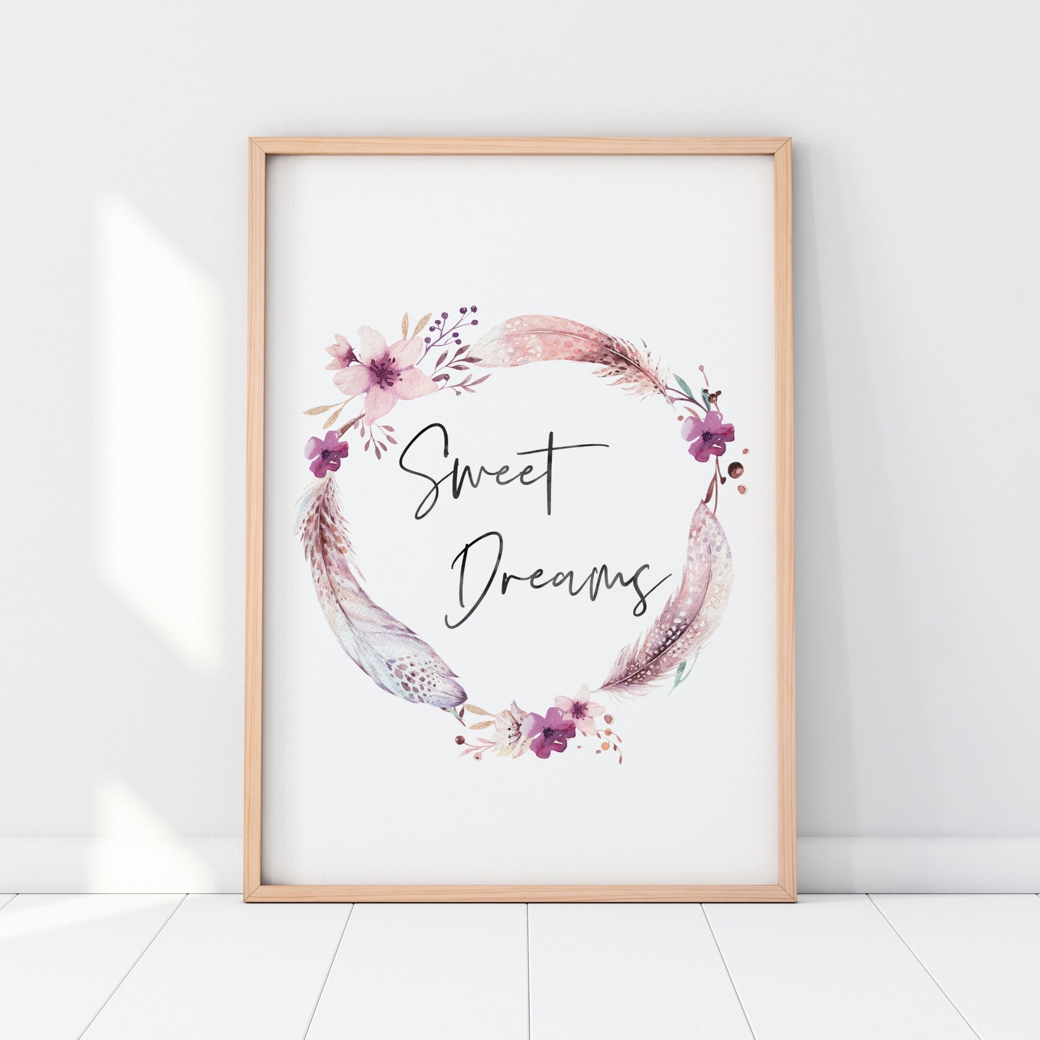 Boho Feather & Floral Wreath Sweet Dreams Print