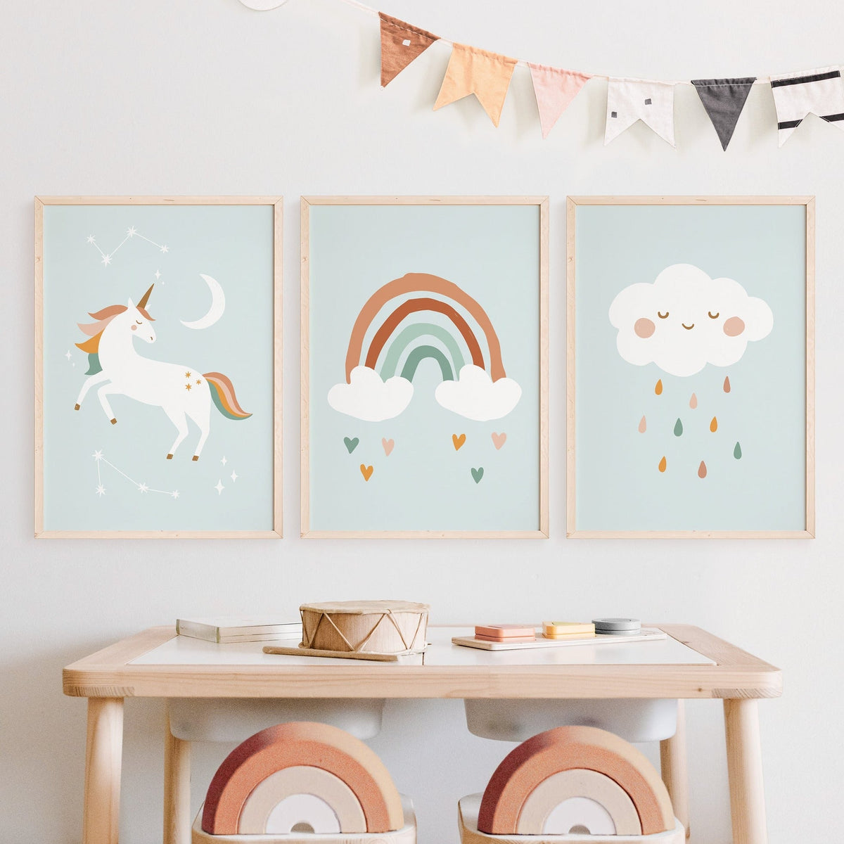 Unicorn, Rainbow Cloud Nursery Wall Art Prints Boho Nursery