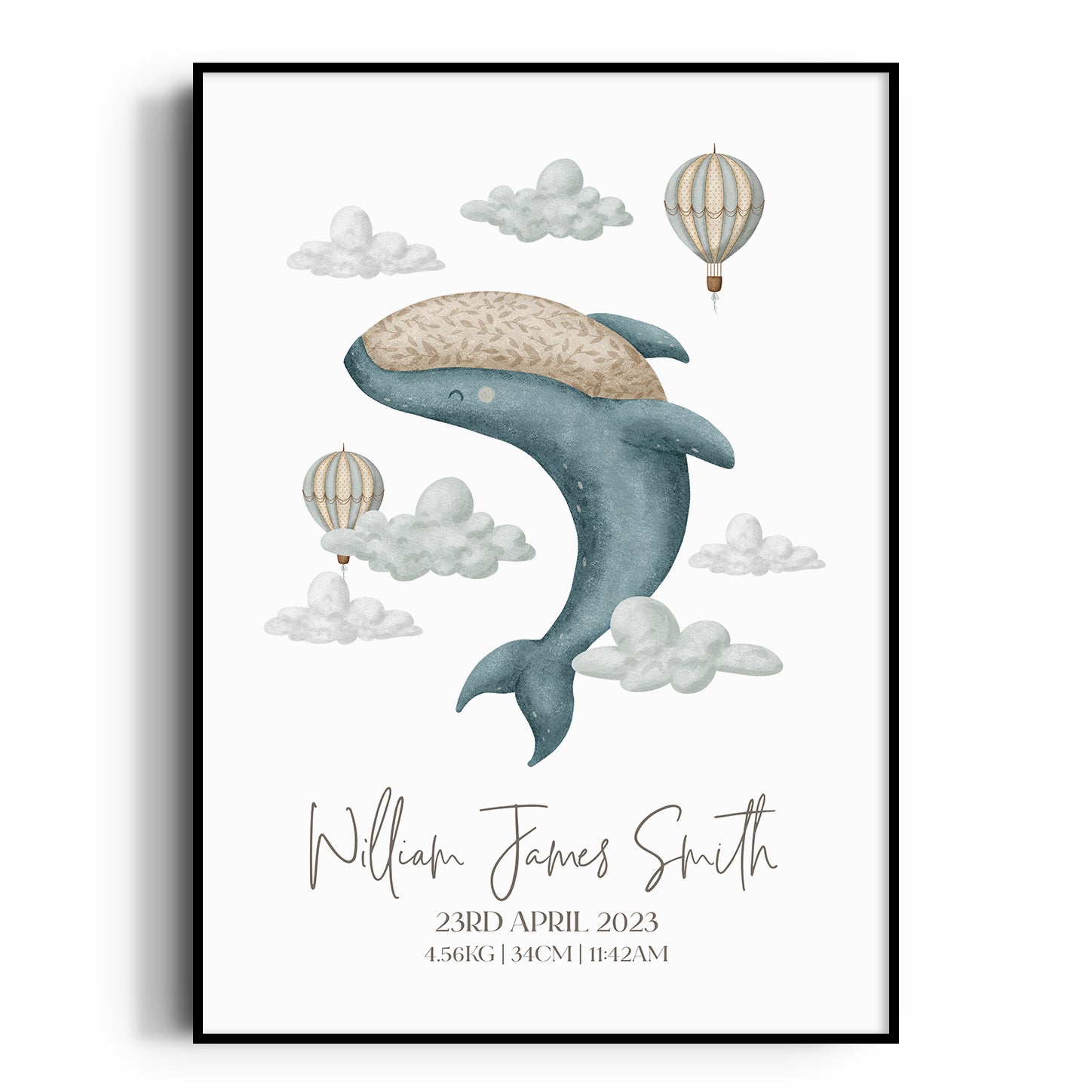 Boho Whale & Hot Air Balloon Birth Print