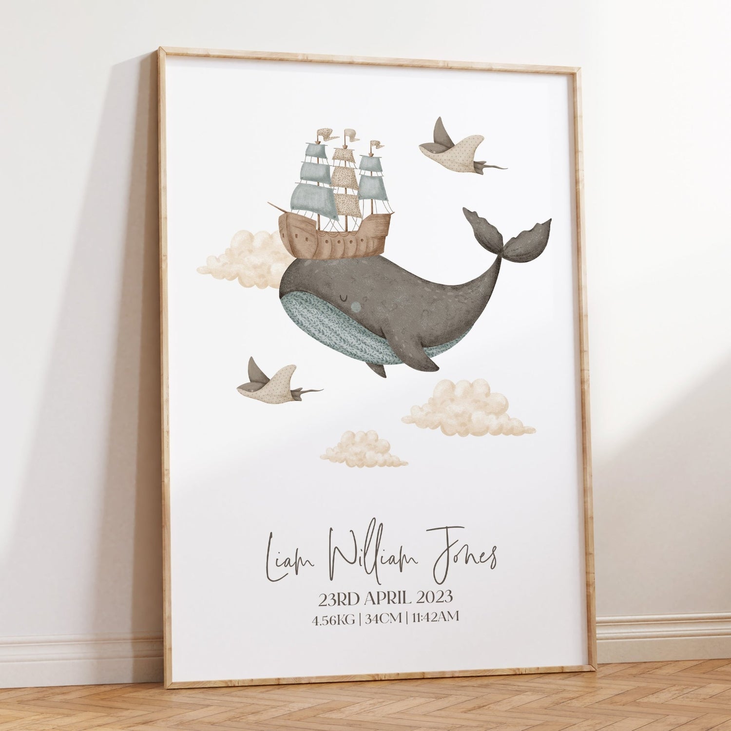Boho Whale & Ship Birth Print