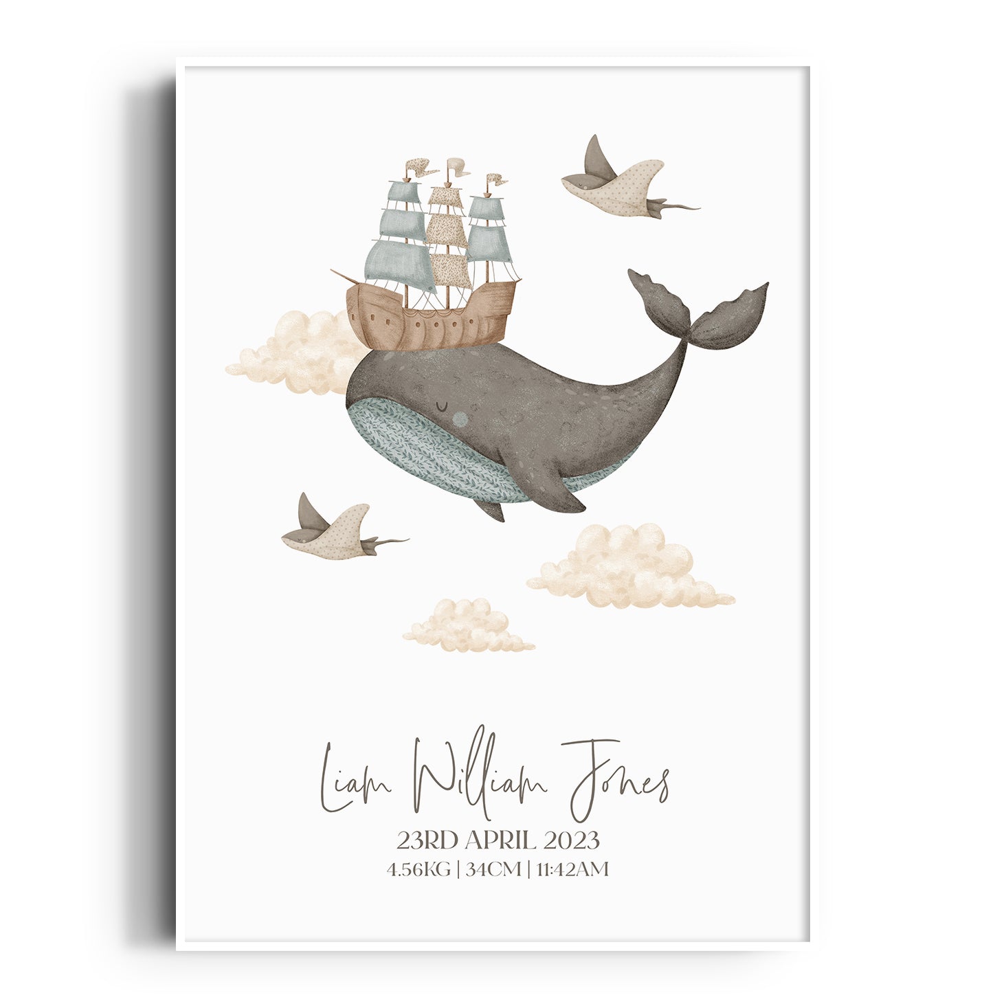 Boho Whale & Ship Birth Print