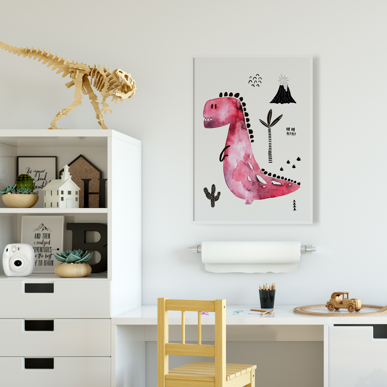 Boys dinosaur nursery wall art print. Red T-Rex