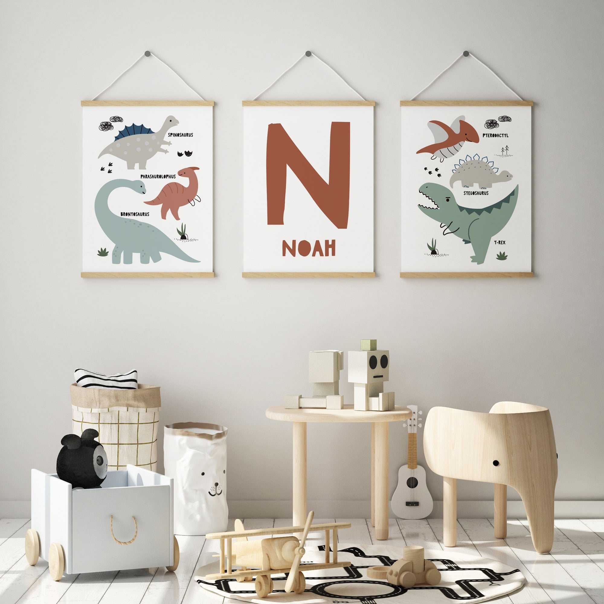 Dinosaur Nursery Playroom Wall Art Prints with name rust