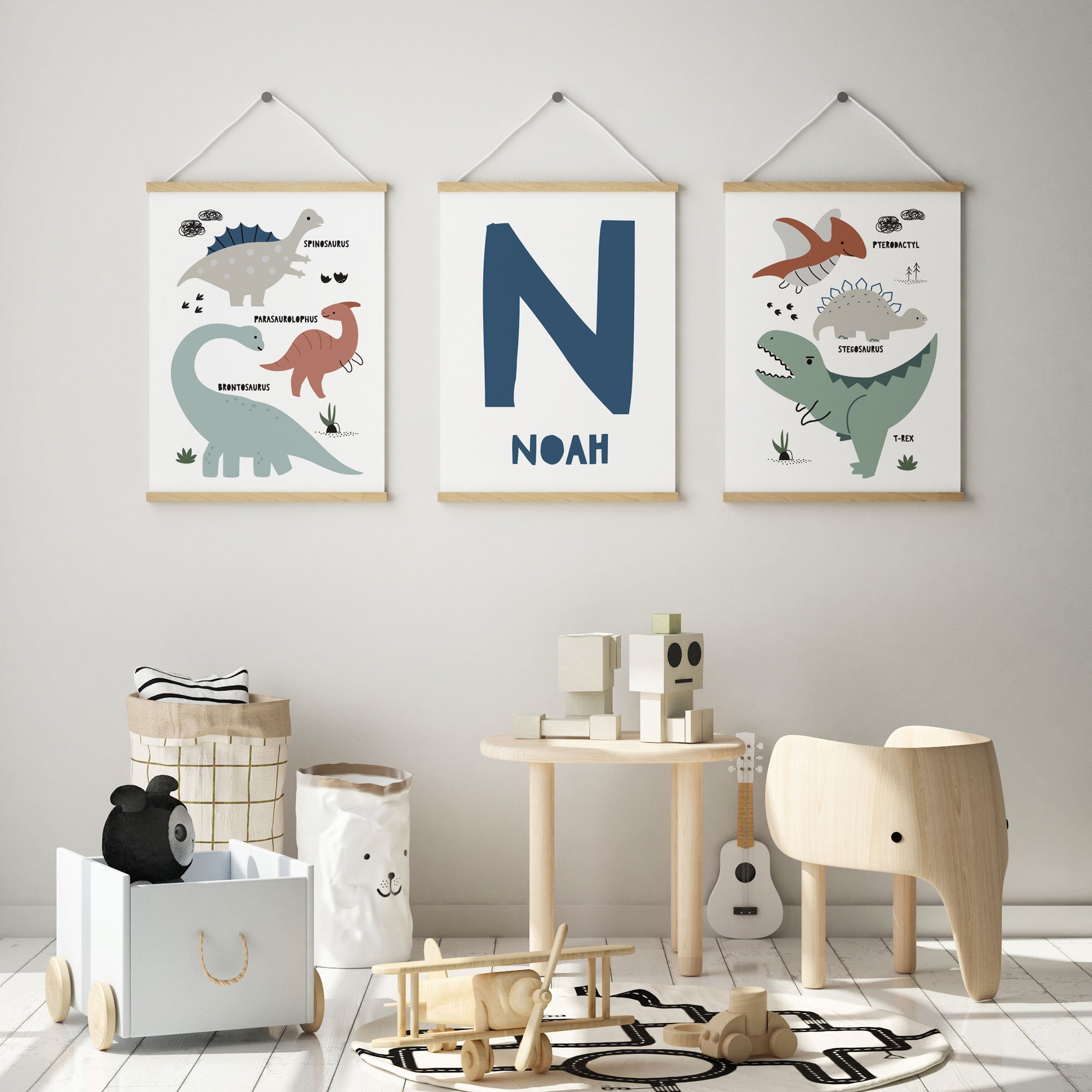 Dinosaur Nursery Playroom Wall Art Prints with name blue