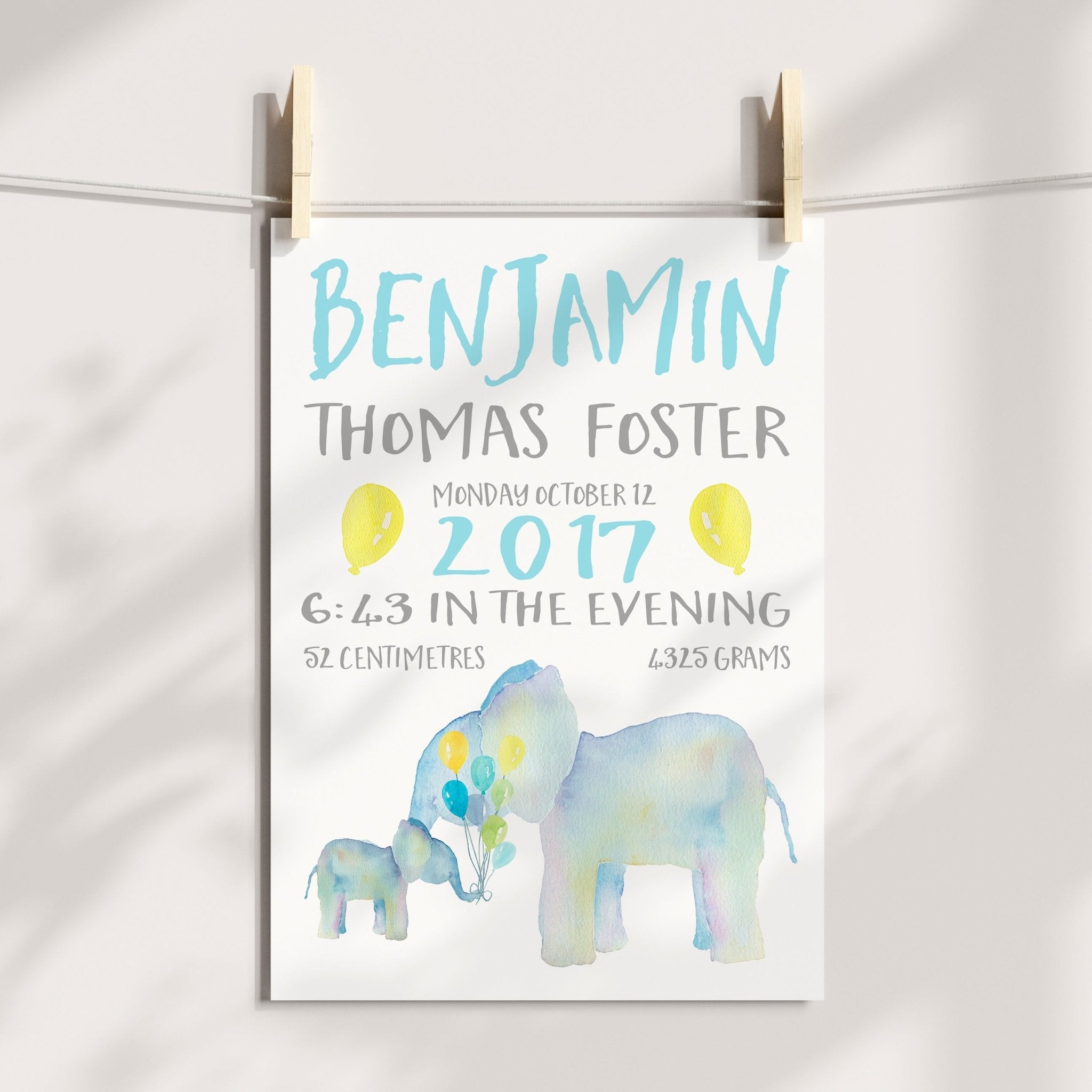 Personalised Elephant Print – Newborn Baby Boy Nursery Gift, Christening, Birth Keepsake