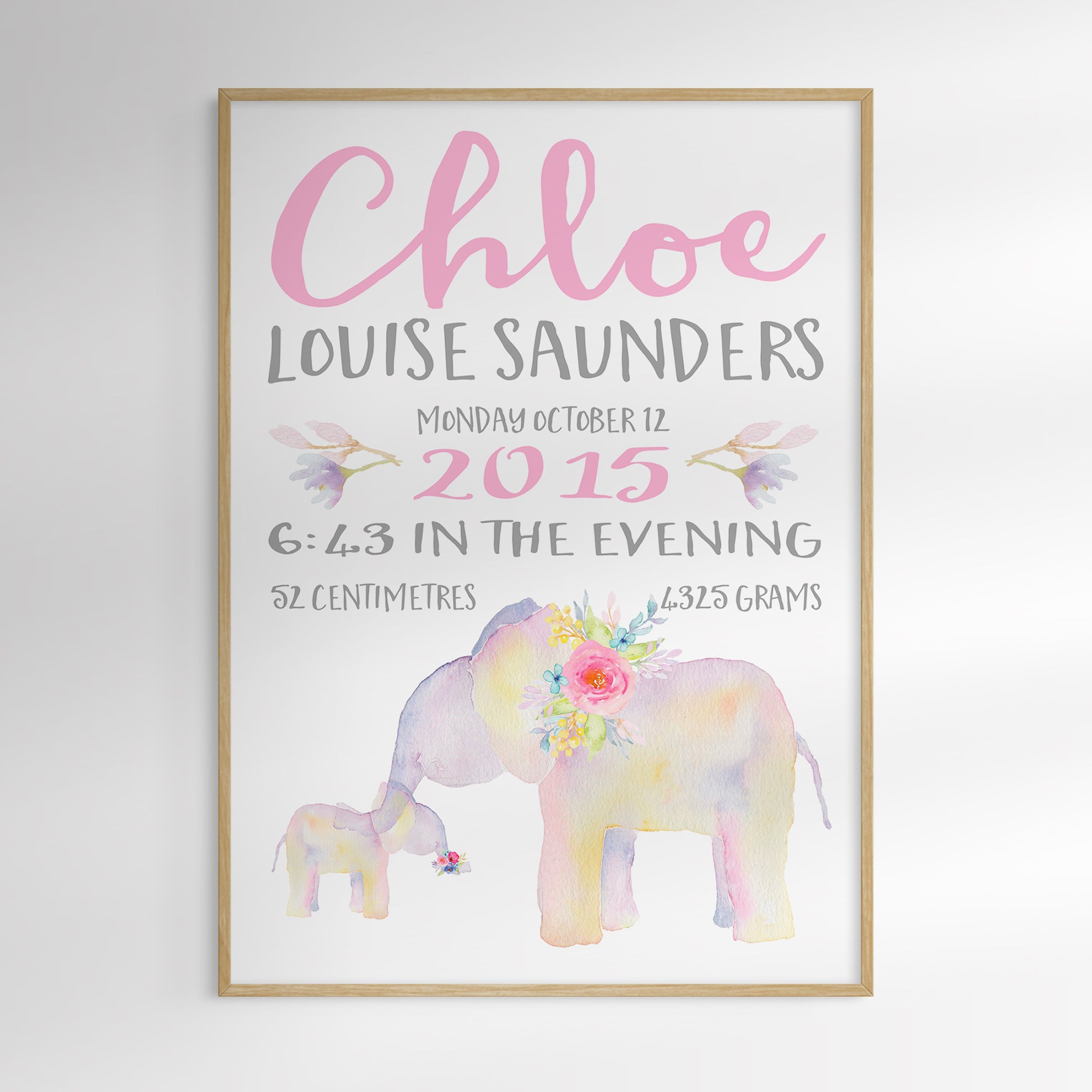 Floral Elephant Birth Print