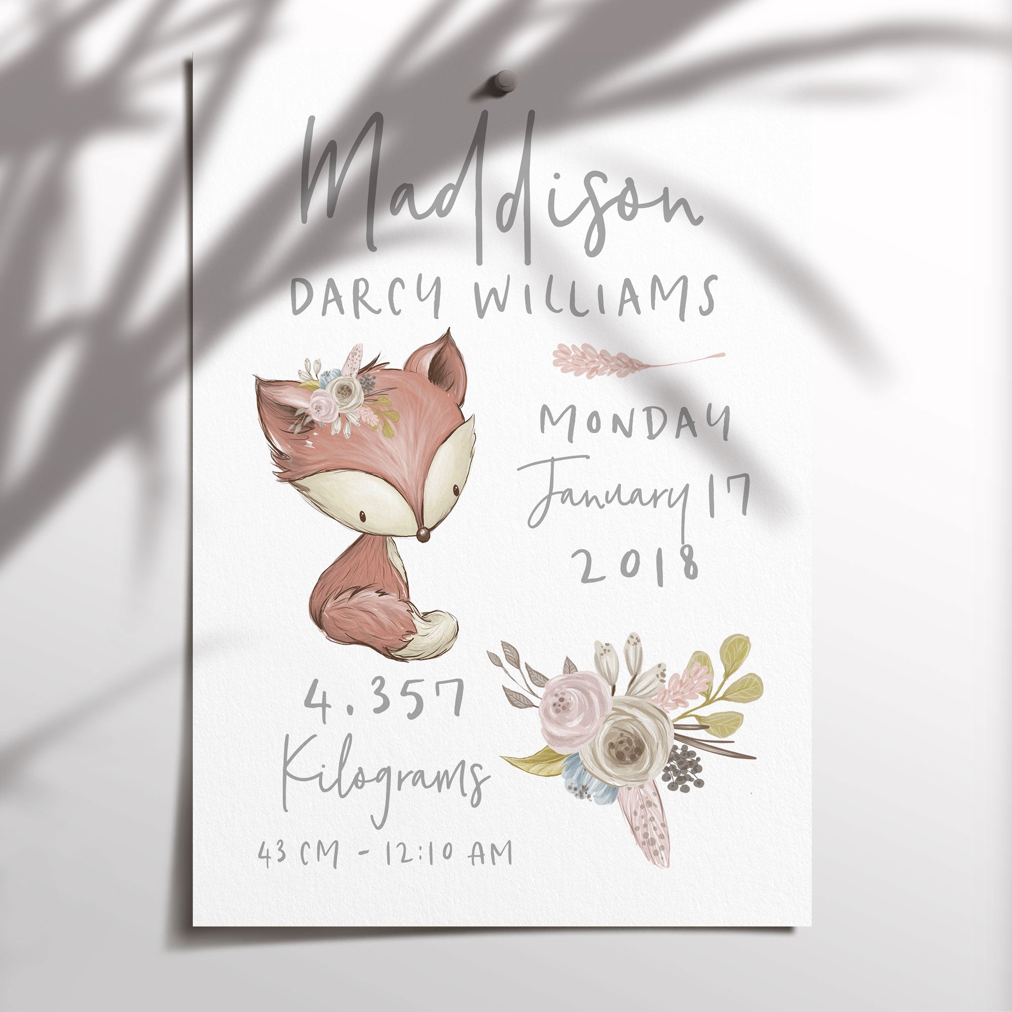 Floral Woodland Fox Birth Print