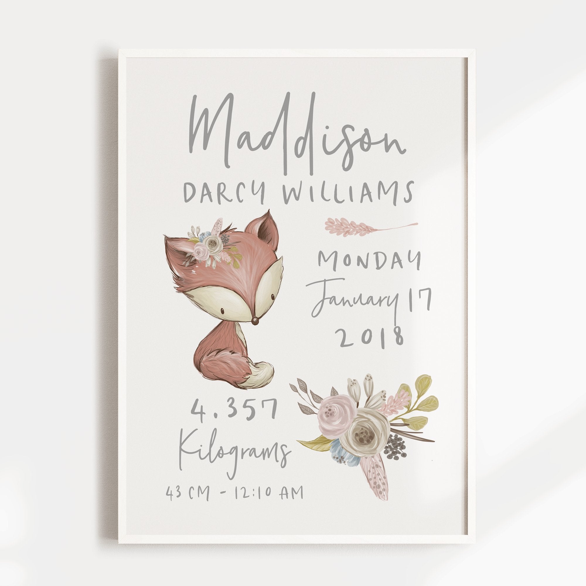 Floral Woodland Fox Birth Print