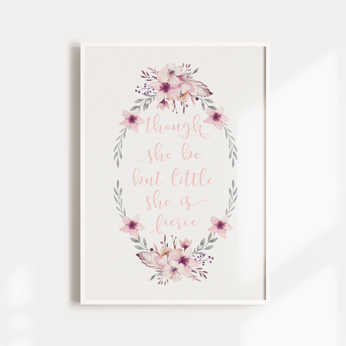 Girls Pink Floral Wreath Nursery Print- Though she be but little