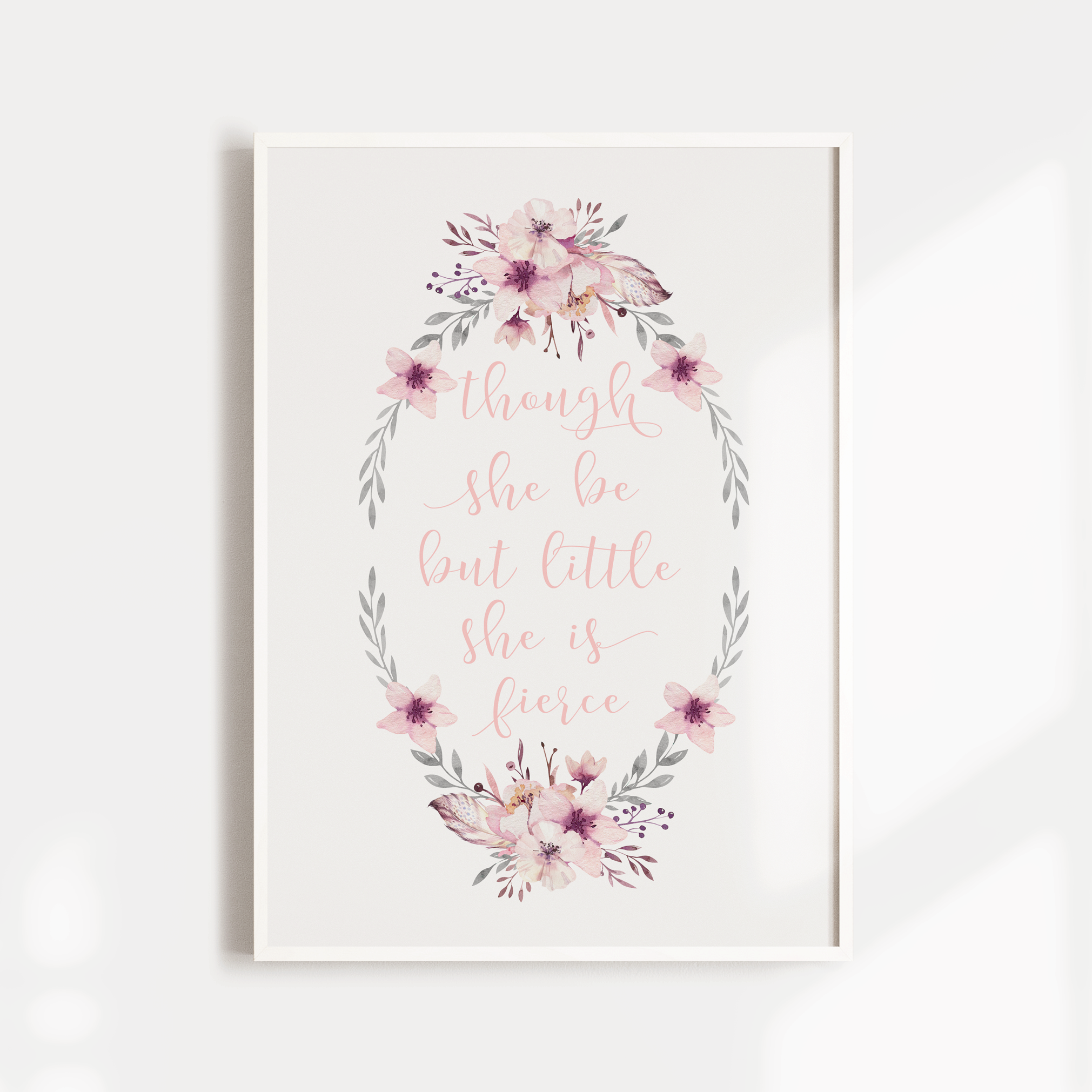 Girls Pink Floral Wreath Nursery Print- Though she be but little
